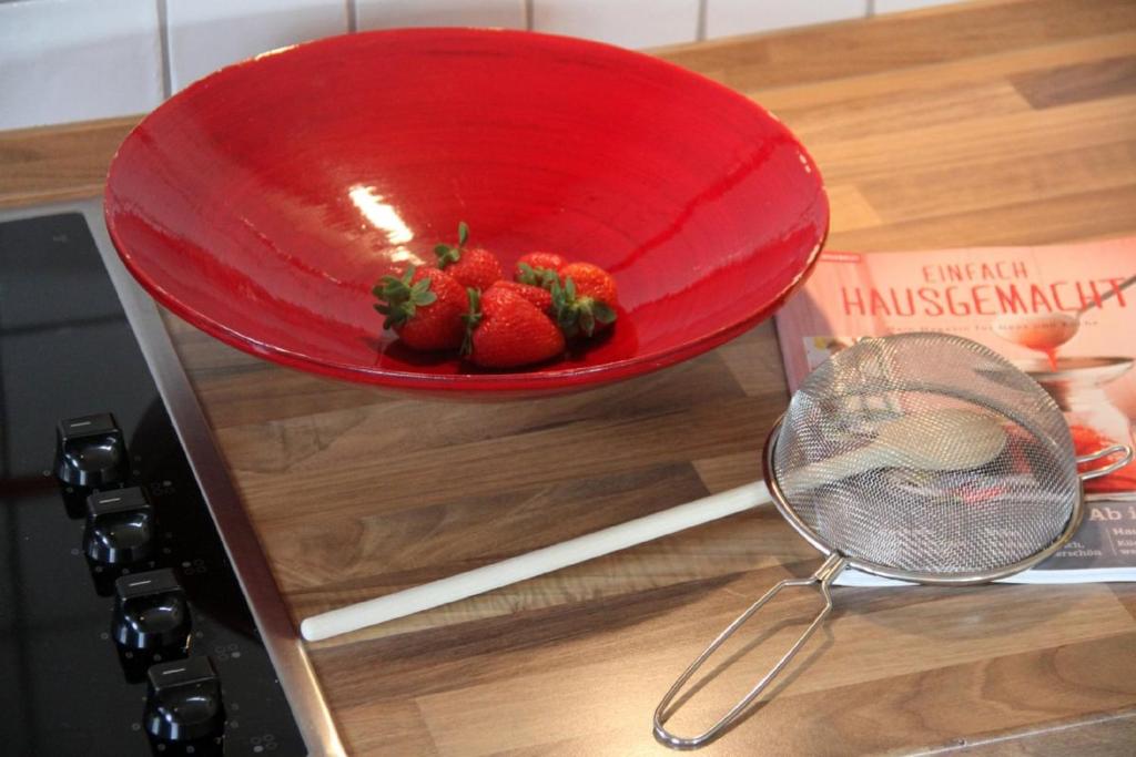 a red bowl of strawberries on top of a microwave at Gästehaus Alpin in Oberstdorf