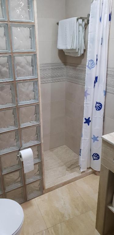 a bathroom with a shower with a shower curtain at Hostal Málaga in Arcos de la Frontera