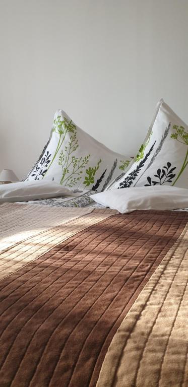 a bed with two pillows on top of it at Tópart Apartman in Tapolca