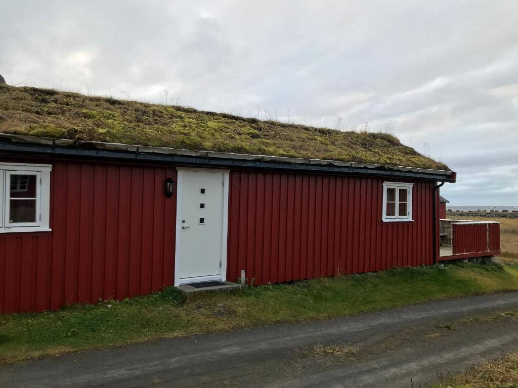 a red building with a grass roof with a white door at Eggum Rorbuer in Bøstad