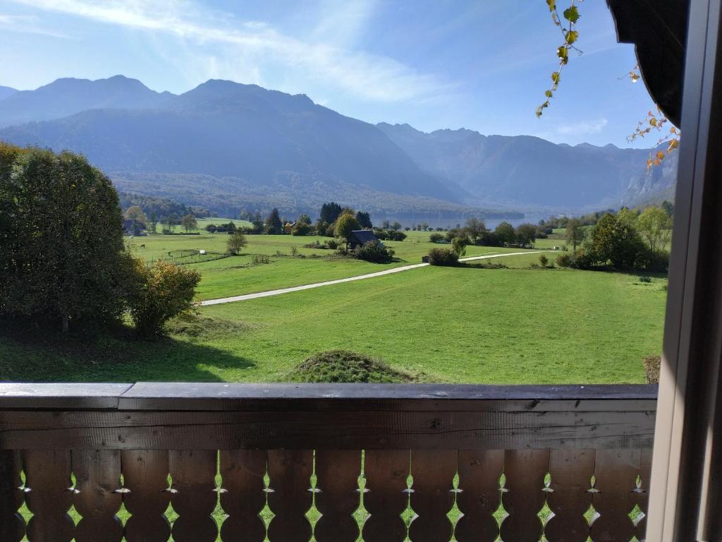a view from a balcony of a field and mountains at Magical Family Home 84 in Bohinj