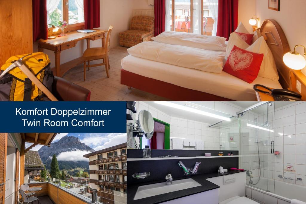 a hotel room with a bed and a bathroom at Hotel Hirschen - Grindelwald in Grindelwald