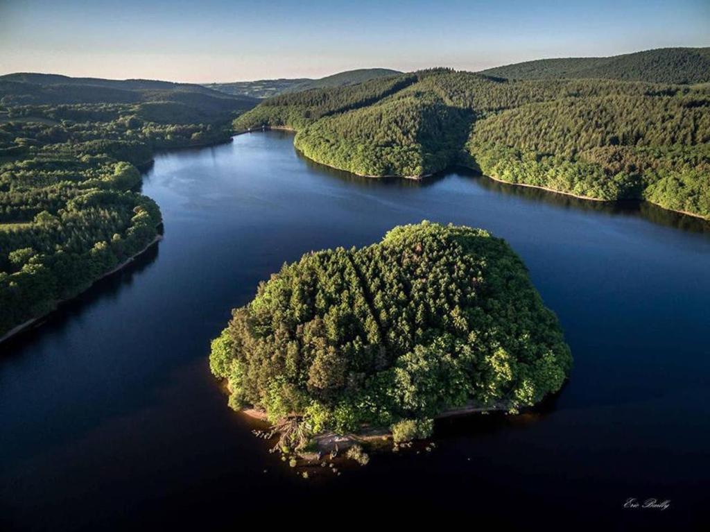 an island in the middle of a large lake at Cottage du lac de Chaumeçon avec étang privé in Brassy