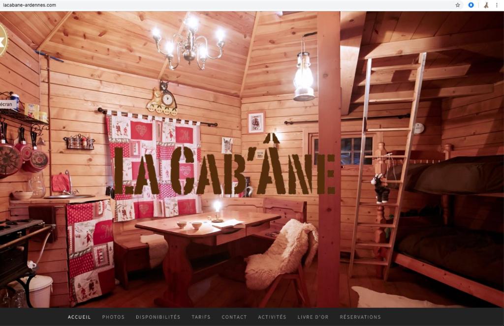 a room with a wooden cabin with a table and a ladder at La Cab'Ane in Saint-Jean-aux-Bois