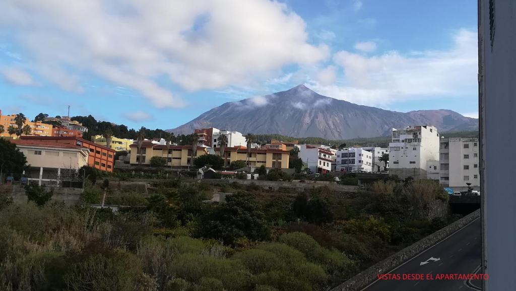 una montaña en el fondo de una ciudad con edificios en APARTAMENTO VISTAS DE ICOD, en Icod de los Vinos