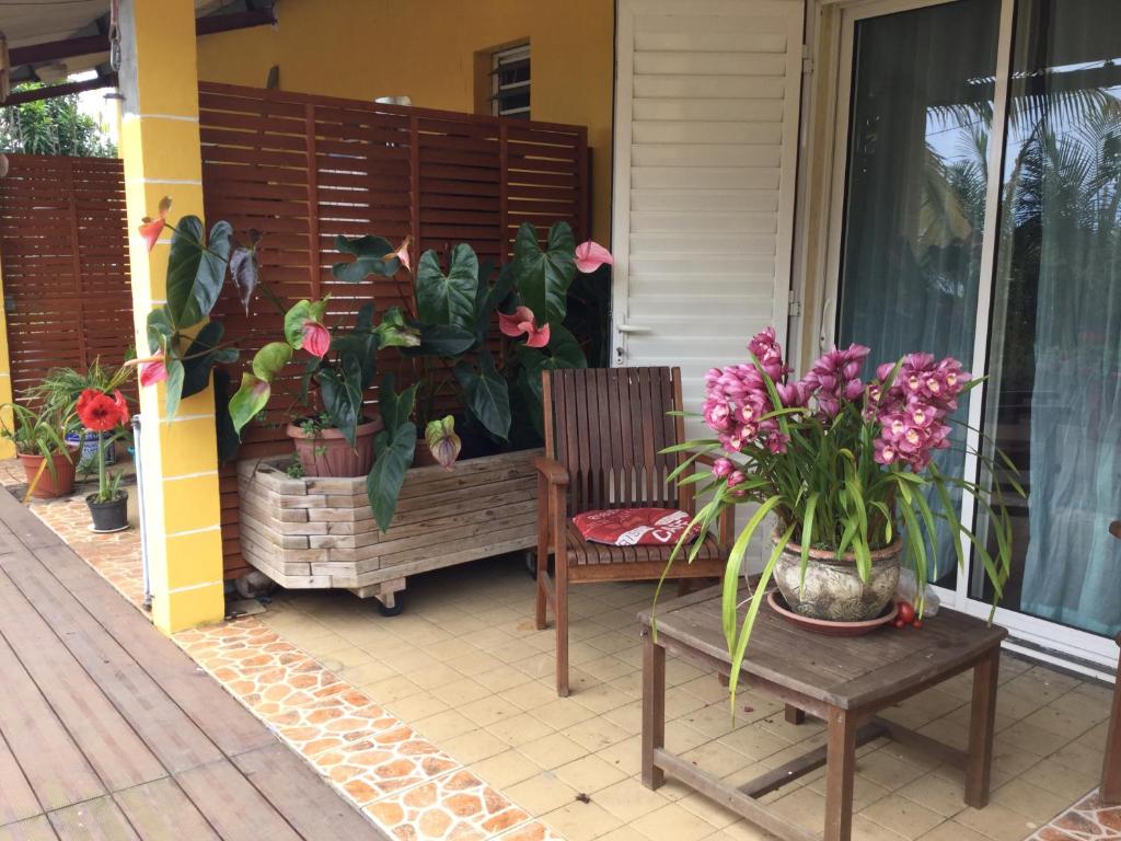 a porch with a chair and flowers in a pot at LÉ FÈ COCO in Saint-Paul