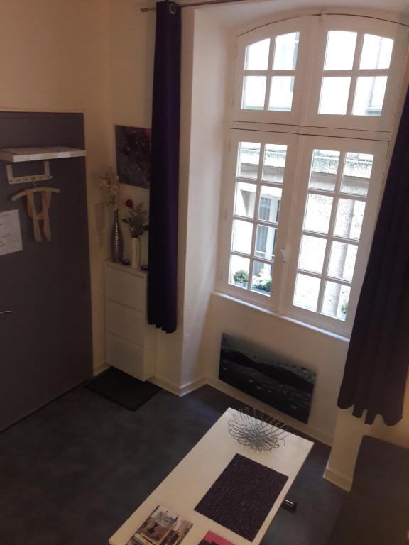 uma sala de estar com uma janela e uma lareira em T1bis duplex Hyper centre historique de BX em Bordeaux