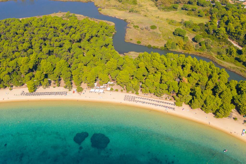 an aerial view of a beach with trees and water at Mandraki Village Boutique Hotel in Koukounaries
