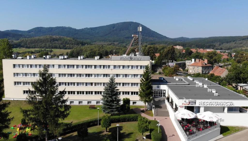 a large white building with a mountain in the background at Hotel Biały in Wałbrzych