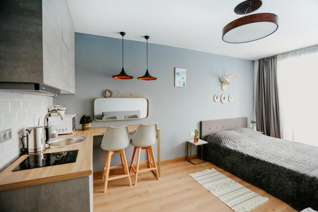 a small apartment with a bed and a kitchen with a sink at Tedy's Apartments in New Gudauri in Gudauri