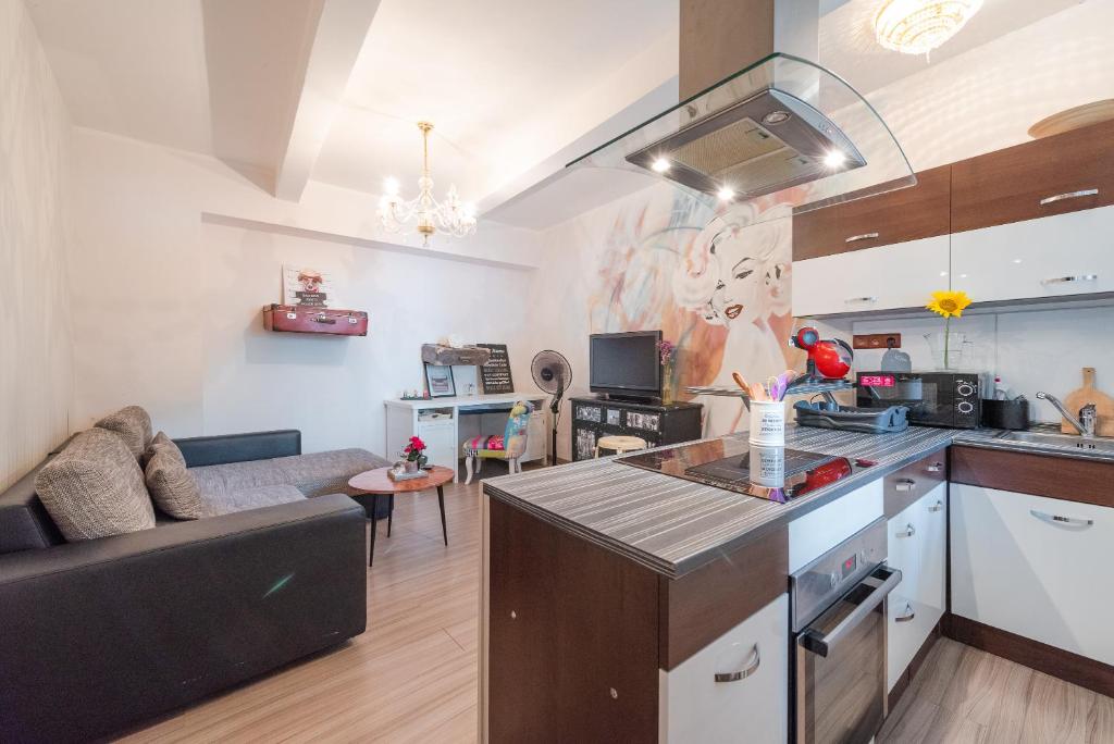 a kitchen and living room with a couch and a counter top at Second home in heart of Bratislava in Bratislava