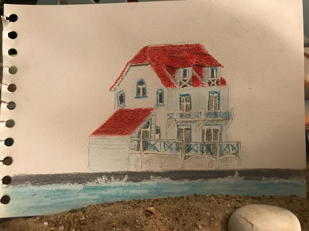 un dibujo de una casa blanca con techo rojo en Villa Trémail - La plage au pied de votre chambre, en Wimereux