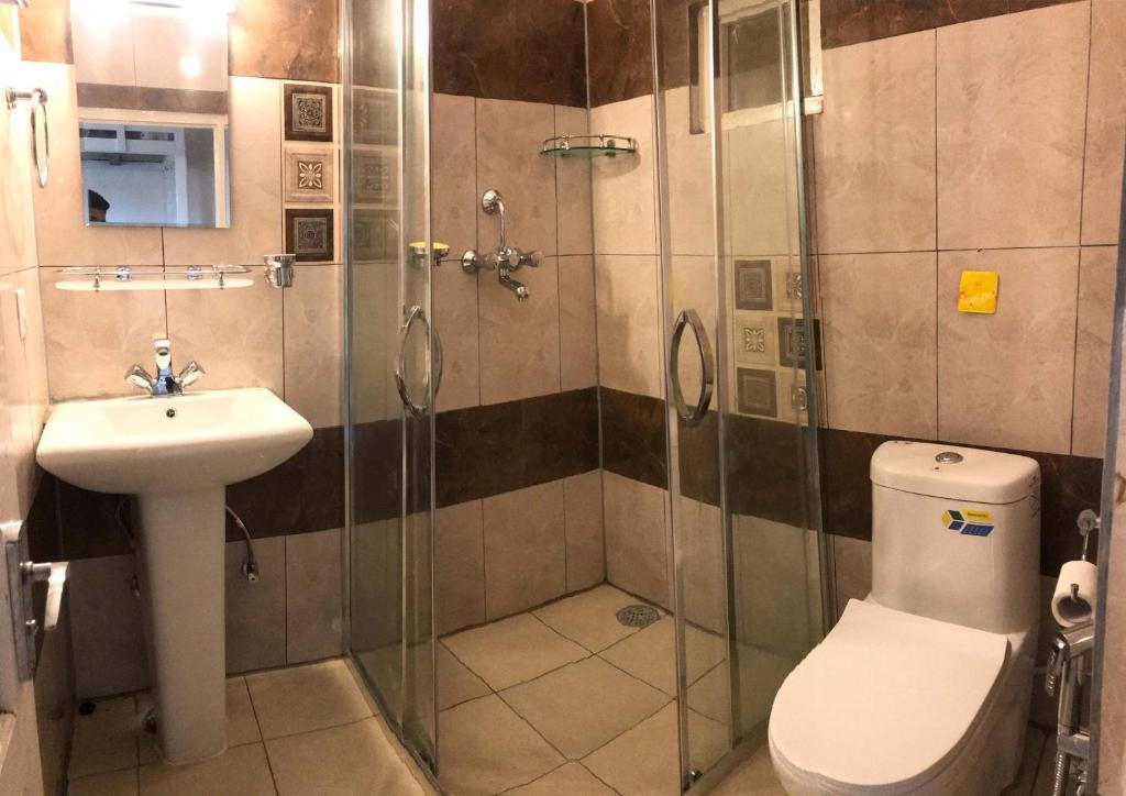 La salle de bains est pourvue d'une douche, de toilettes et d'un lavabo. dans l'établissement Mone's Mountain View Hotel, à Kāskī