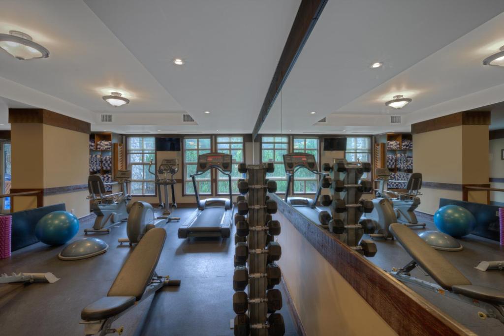 a gym with rows of treadmills and pilates equipment at Blackcomb Springs Suites by CLIQUE in Whistler