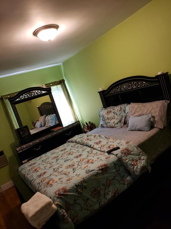 a bedroom with a bed with a large mirror at Comfortable holiday homestay in Bronx