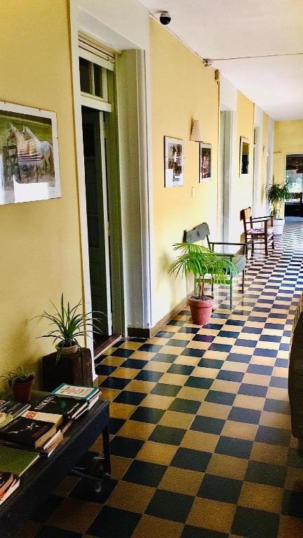 a lobby with a checkered floor and potted plants at Areco Hostel in San Antonio de Areco
