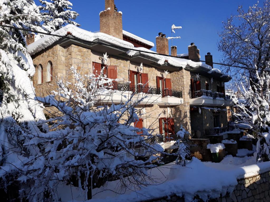 a house covered in snow in front of it at Mysaion Hotel in Synikia Mesi Trikalon