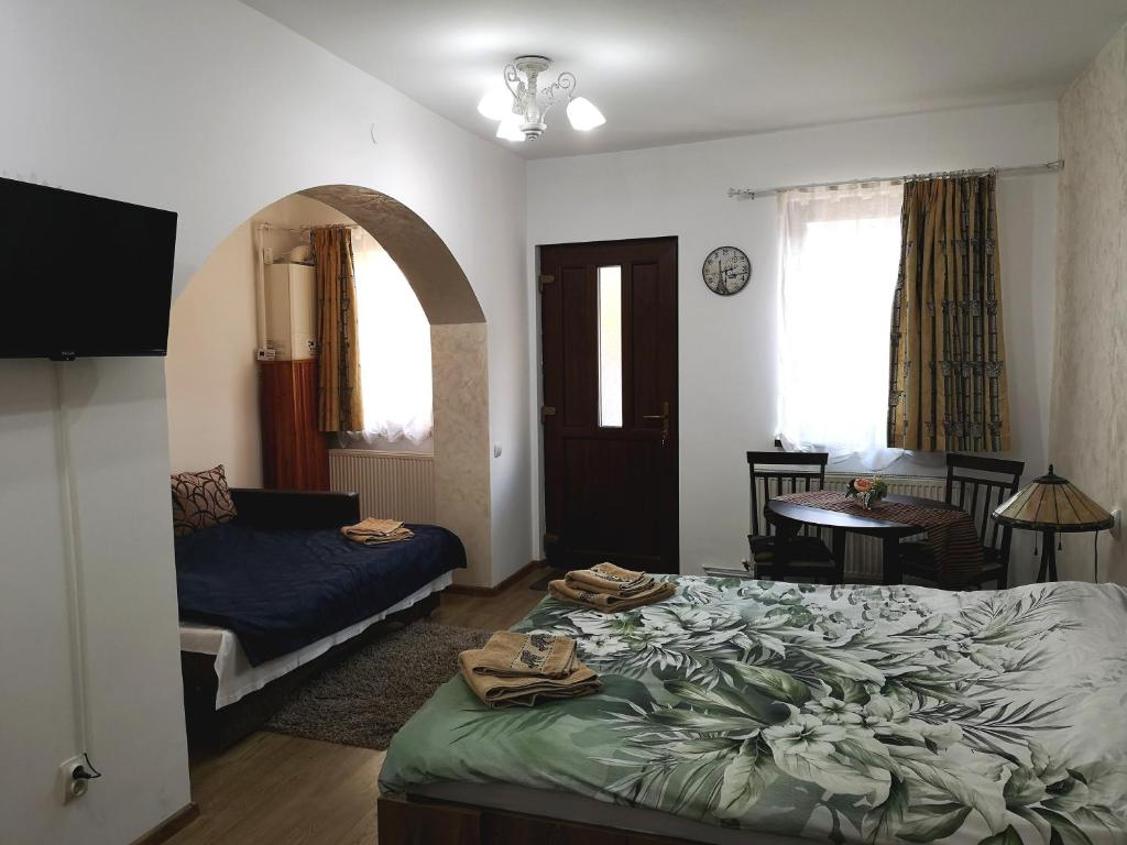 1 dormitorio con 1 cama y sala de estar con sofá en Clemence Guesthouse en Braşov