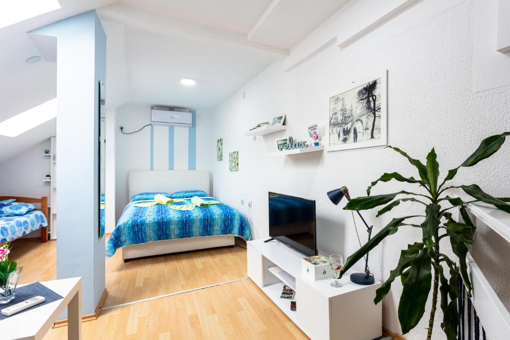 1 dormitorio con paredes blancas, 1 cama y TV en SB centar apartmani en Niš