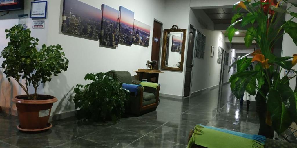 a hallway with potted plants and a couch at Hotel Acapulco in Girardot