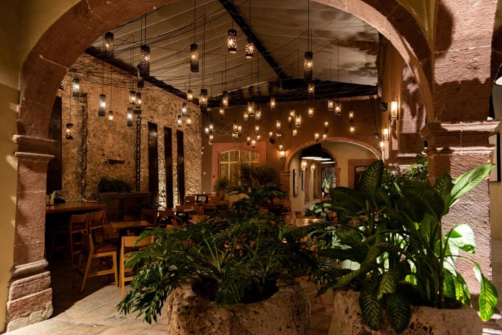 a restaurant with potted plants in a room with lights at Hotel Nena Centro in San Miguel de Allende