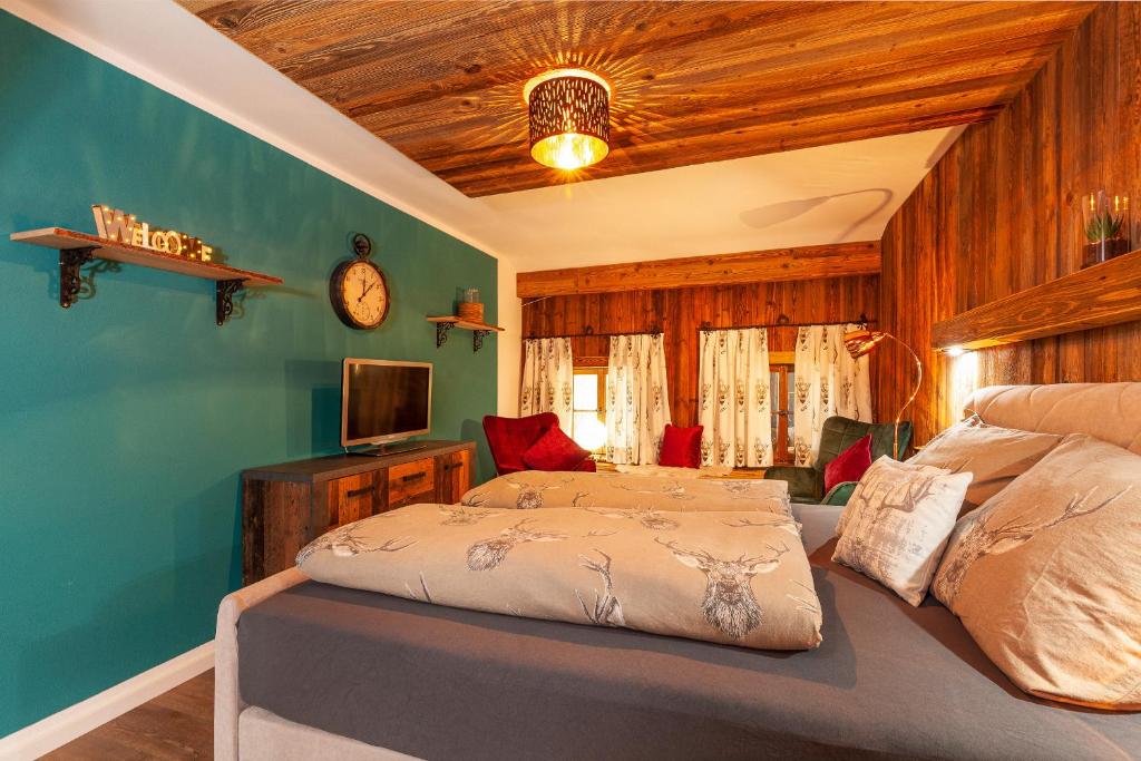 - une chambre avec un lit et une télévision dans l'établissement Haus Magnushof, à Eisenberg