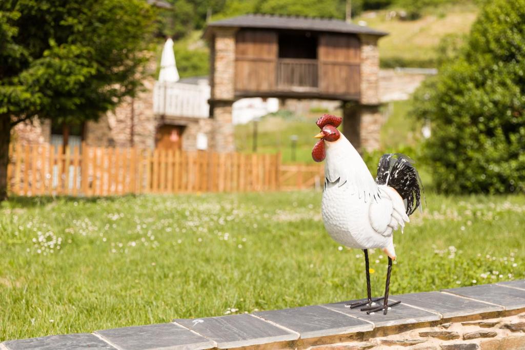 Uma galinha está parada numa parede num quintal em Casas Rurales TAReira en Taramundi em Taramundi