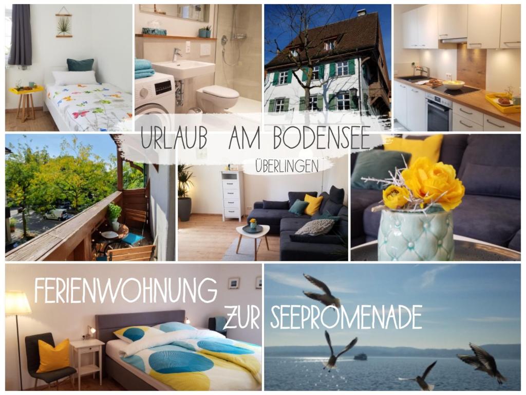 a collage of photos of a kitchen and a living room at Ferienwohnung zur Seepromenade, 100m vom Bodensee in Überlingen