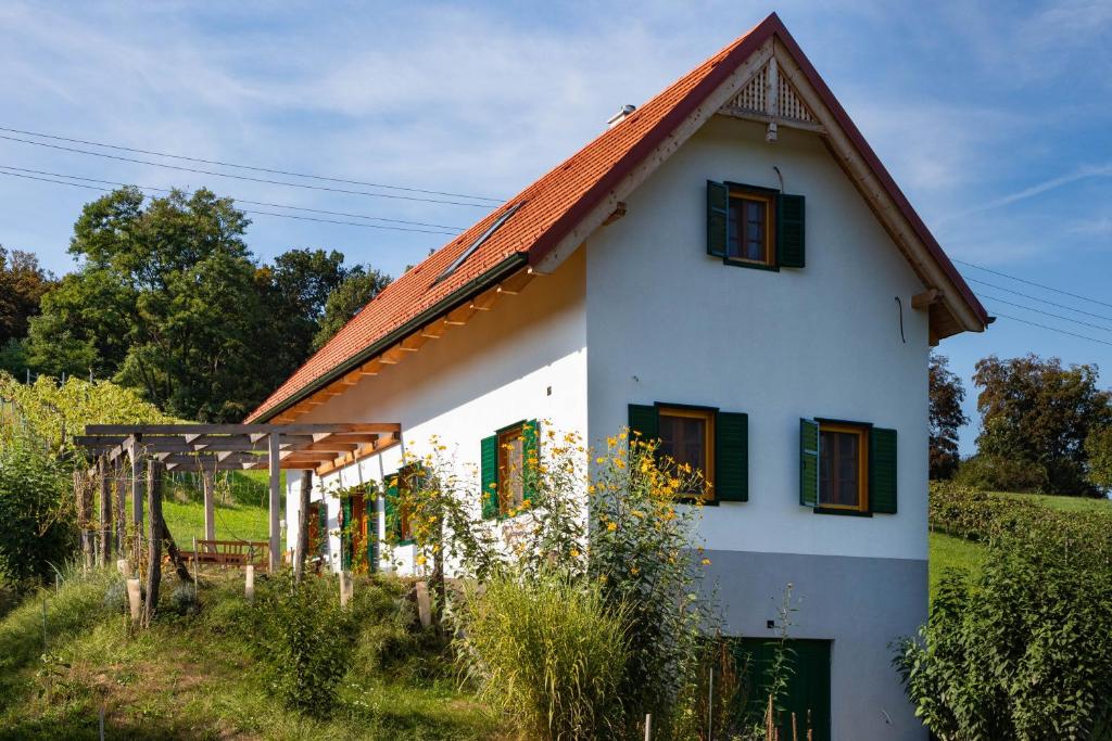 EberauにあるKellerstöckl am Liendlbergのオレンジ色の屋根の白い家