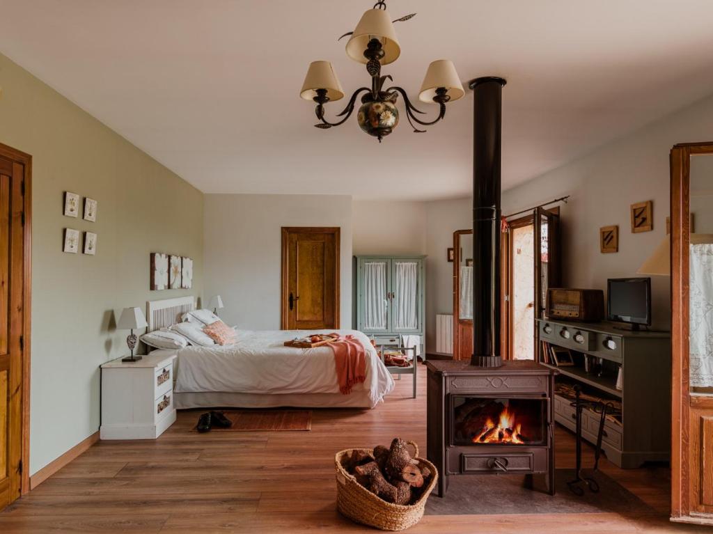 1 dormitorio con 1 cama y estufa de leña en Hospedería del Valle Boutique Apartments, en Gargantilla del Lozoya