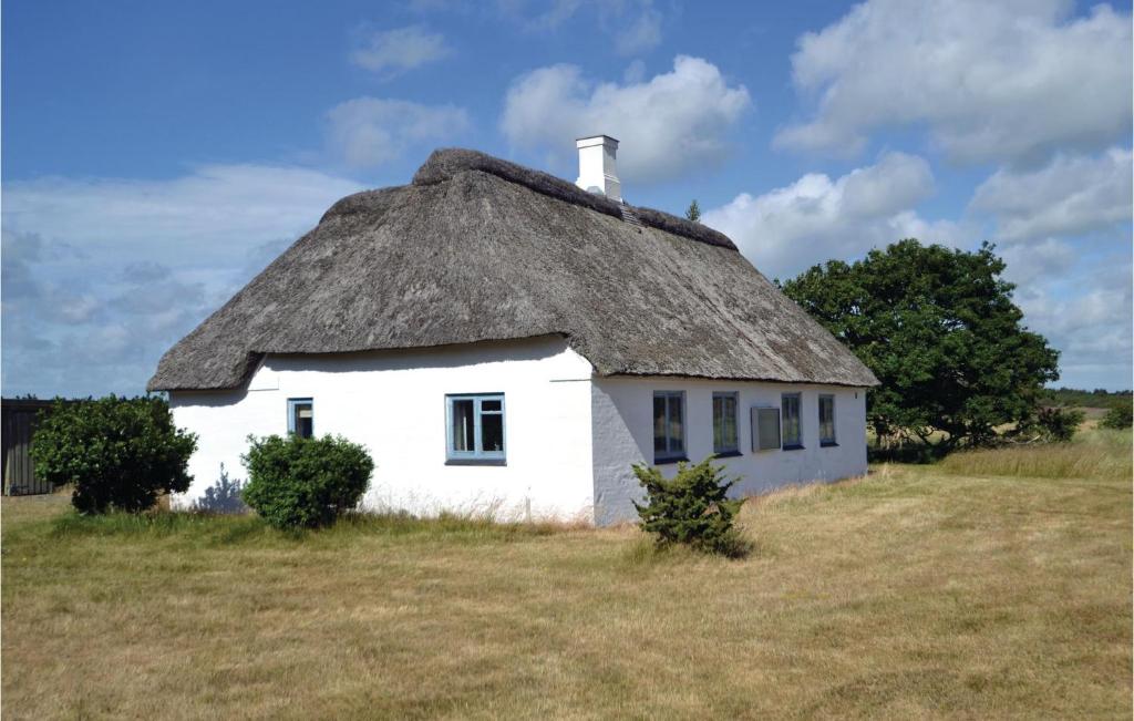uma antiga casa branca com um telhado de palha num campo em Nice Home In Nrre Nebel With Kitchen em Nymindegab