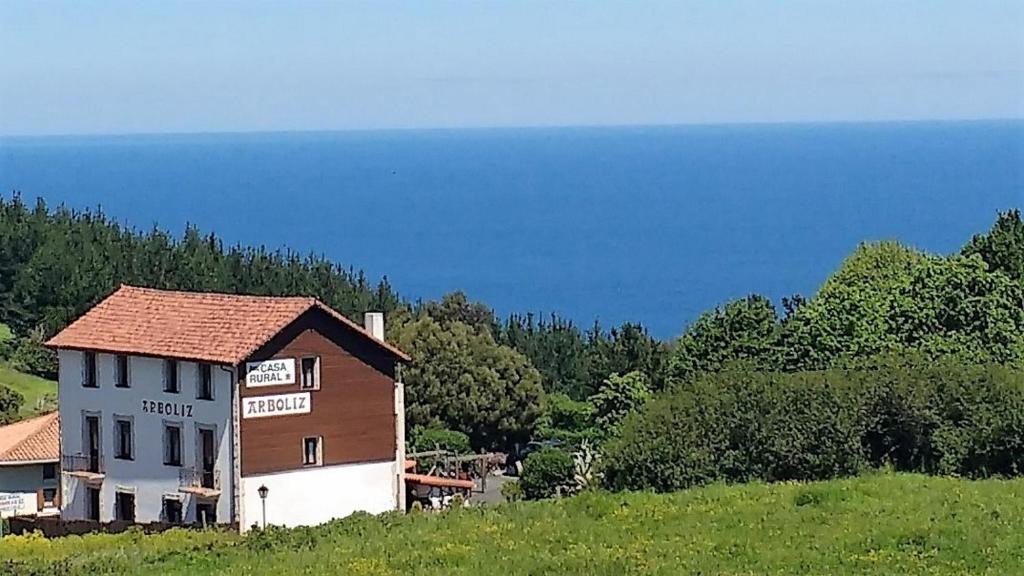 a building on the side of a hill next to the ocean at Casa Rural Arboliz in Ibarrangelu