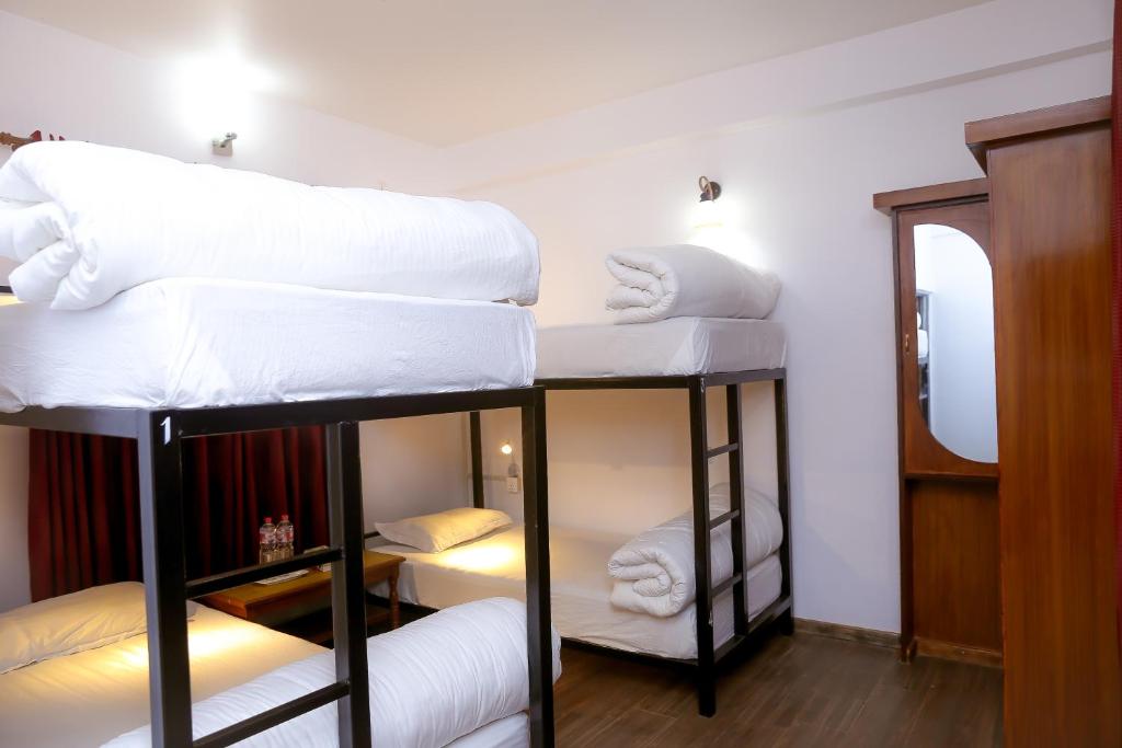 Rúm í herbergi á Pokhara Backpackers Hostel