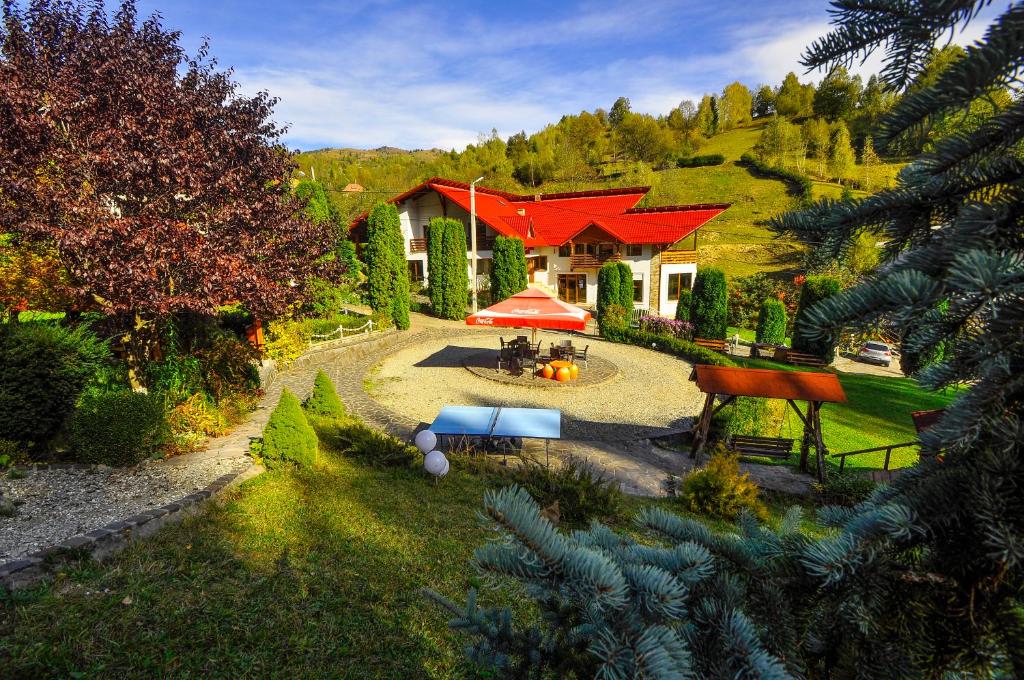 una vista aérea de una casa con techo rojo en Pensiunea Eladi, en Borşa