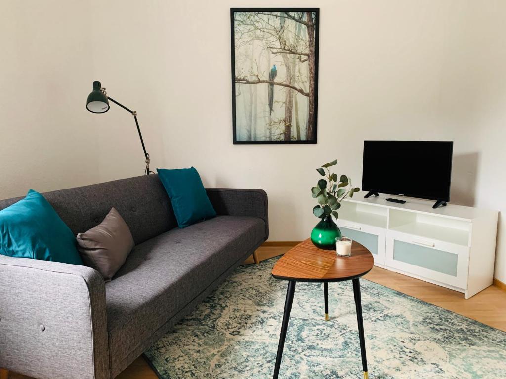 sala de estar con sofá y TV en Danilos Boardinghouse en Weinheim
