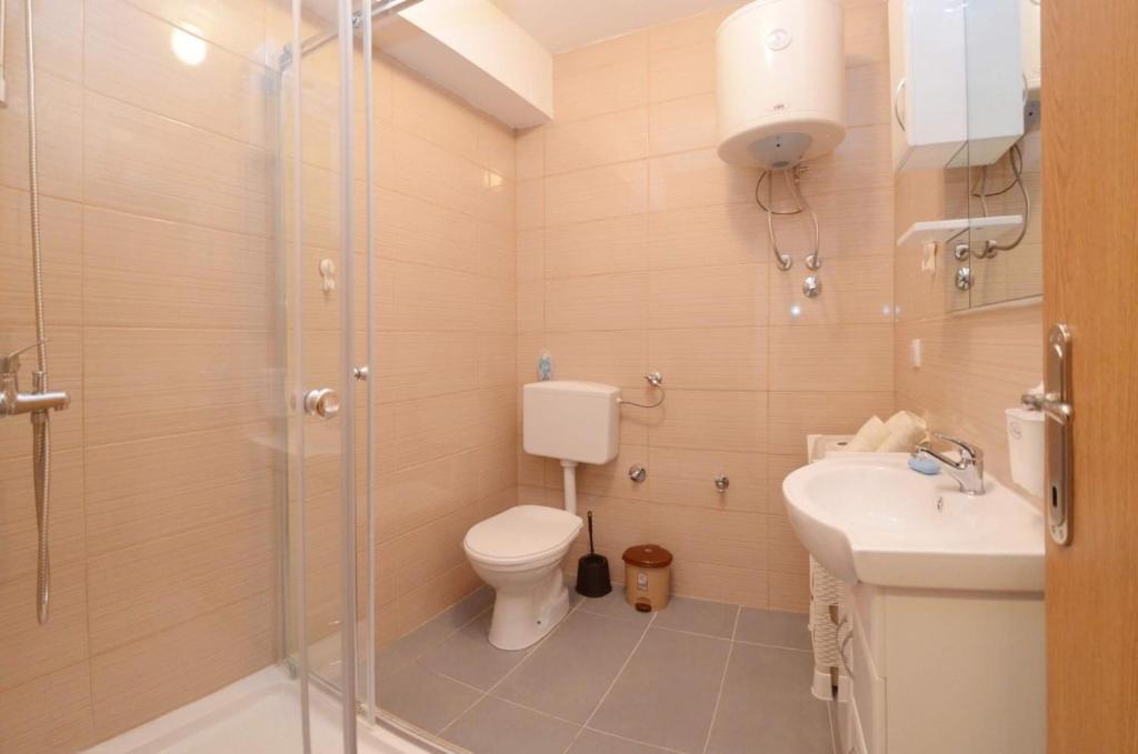 Un baño con ducha, inodoro y lavabo. en Apartman Afano, en Jahorina