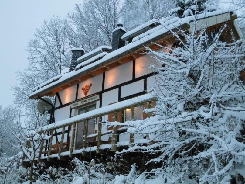una casa cubierta de nieve con árboles nevados en Jagthaus am Rappelstein, en Schmallenberg