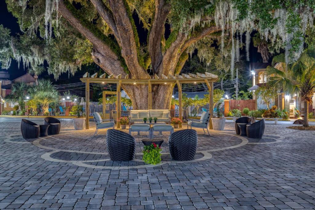 un cenador con sillas y un árbol por la noche en Villa 1565 - Saint Augustine, en St. Augustine