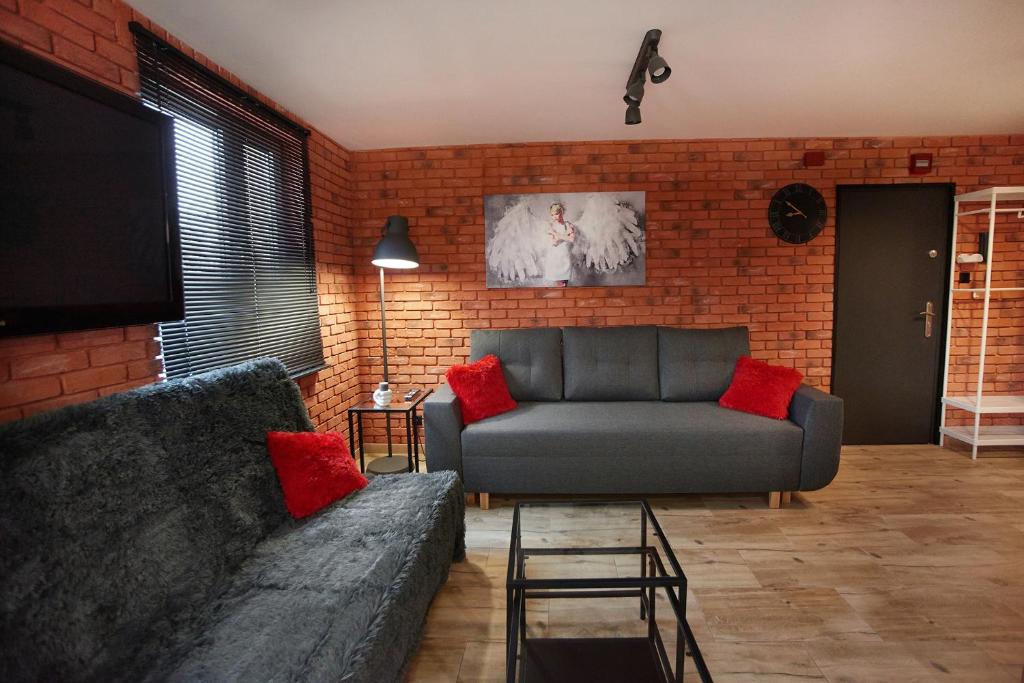 a living room with a couch and a tv at Apartament Zdrojowy in Rymanów-Zdrój