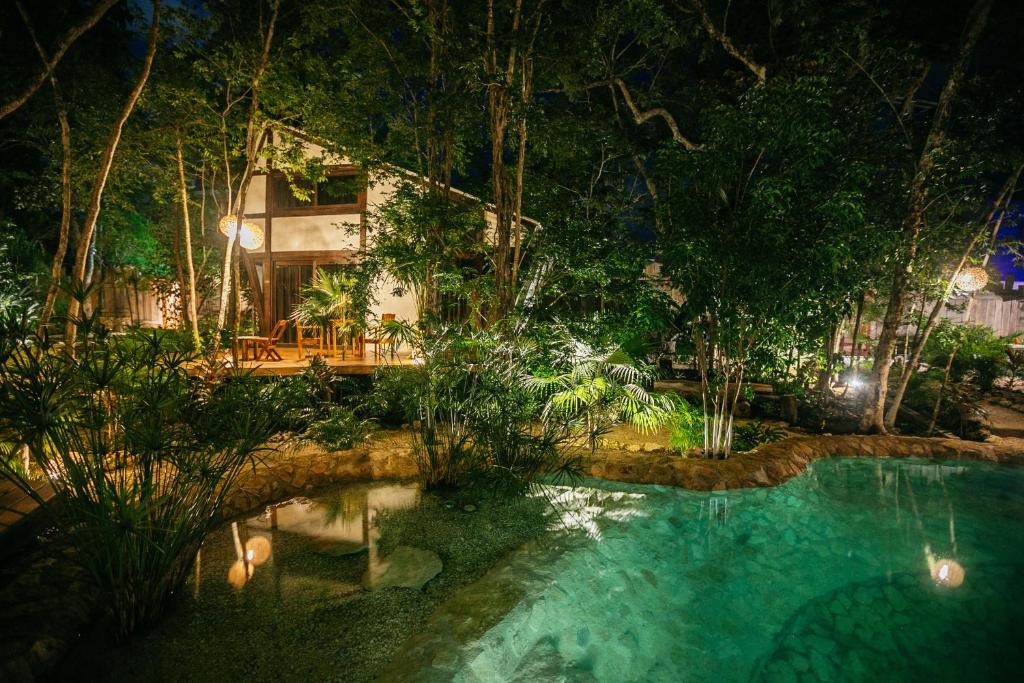 a house with a swimming pool at night at Nahouse Jungle Lodges in Tulum