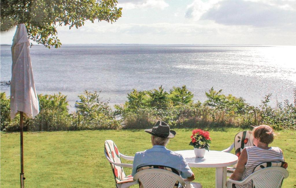 two people sitting at a table looking at the water at Mindegården in Hejls