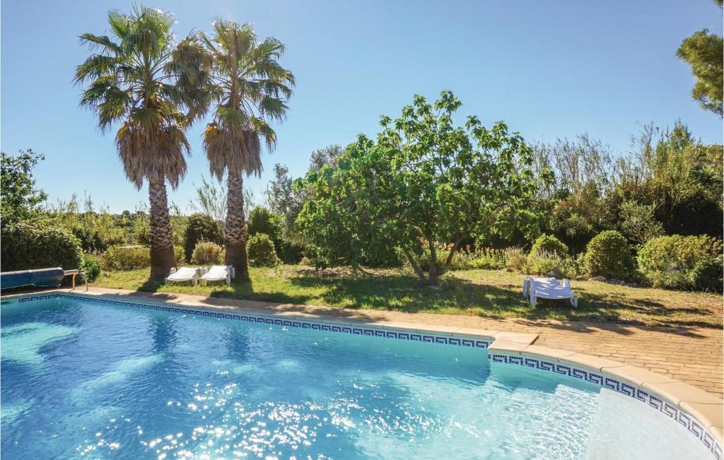 - une piscine bordée de palmiers dans une cour dans l'établissement 4 Bedroom Pet Friendly Home In St Pons De Mauchiens, à Saint-Pons-de-Mauchiens