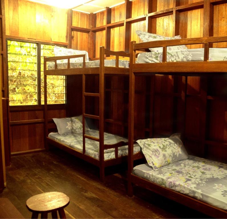 two bunk beds in a room with a table and a stool at Kinabatangan Wildlife Lodge in Sandakan