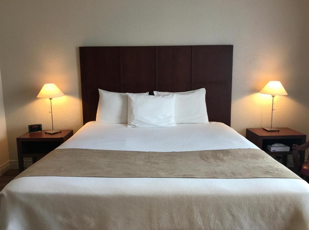 1 cama grande en una habitación de hotel con 2 lámparas en Hôtel Mingan, en Sept-Îles