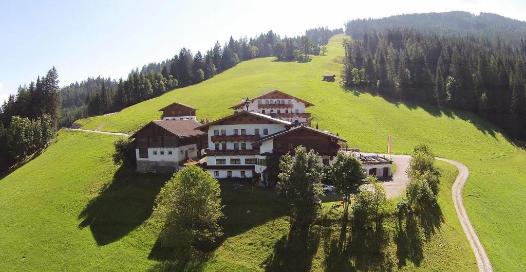 a large house on top of a green hill at Berggasthof Bliembauer in Altenmarkt im Pongau