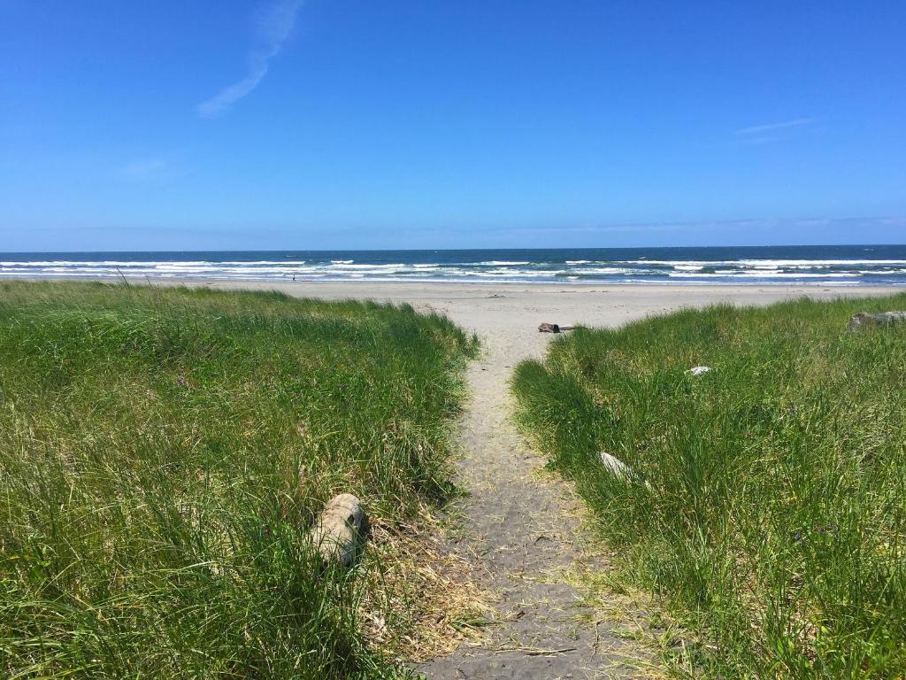 un sentiero attraverso l'erba su una spiaggia di Long beach Camping Resort Yurt 9 a Oceanview