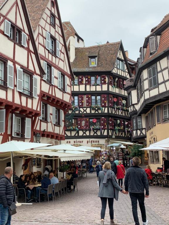 a group of people walking down a street with buildings at Historical town center spacious flat in Colmar