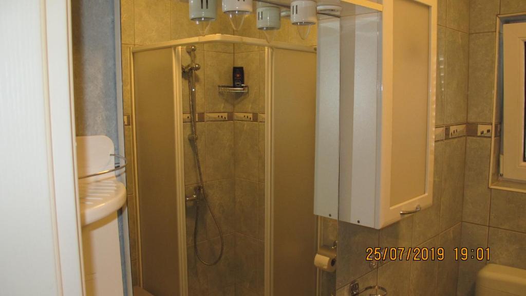 łazienka z prysznicem i szklanymi drzwiami w obiekcie Apartman LOTA w Novalji