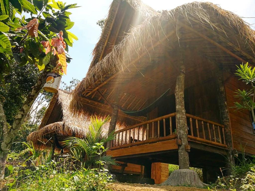 a thatch roofed house with the sun shining on it at Second Home Bungalows in Tetebatu