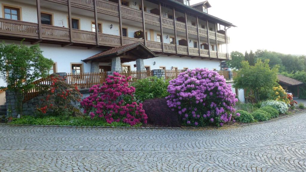 ein großes Gebäude mit lila Blumen davor in der Unterkunft Appartementhaus Osserblick in Lohberg